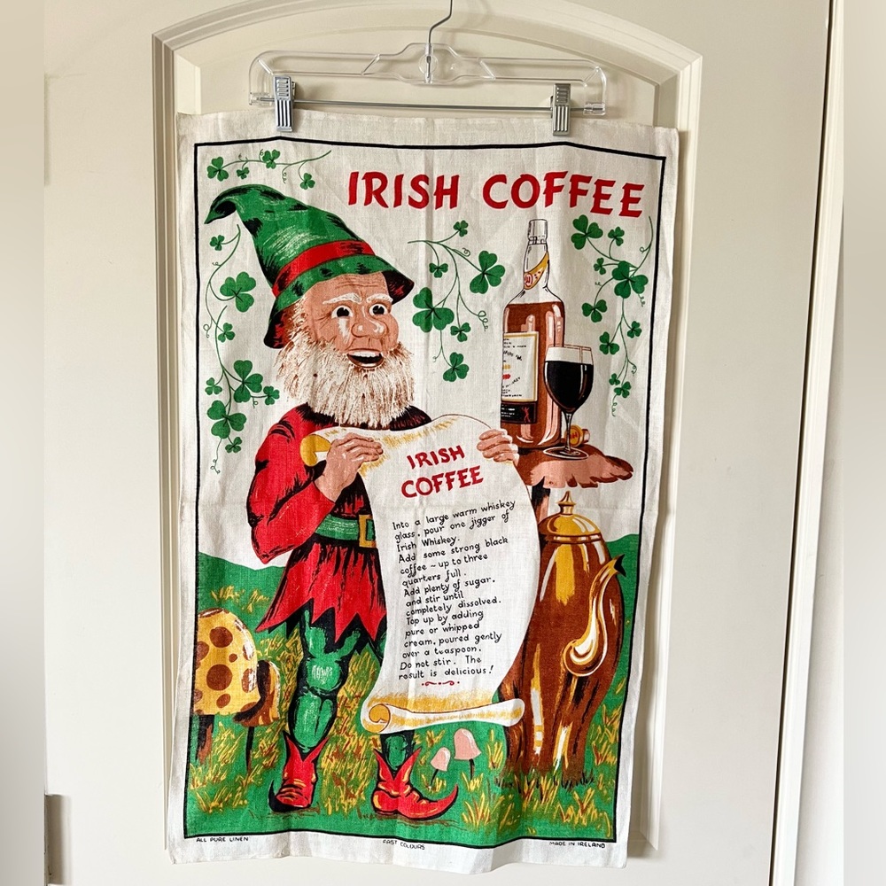 Vintage Irish Linen Tea Towel Irish Coffee Recipe Fall Bar Decor Leprechaun